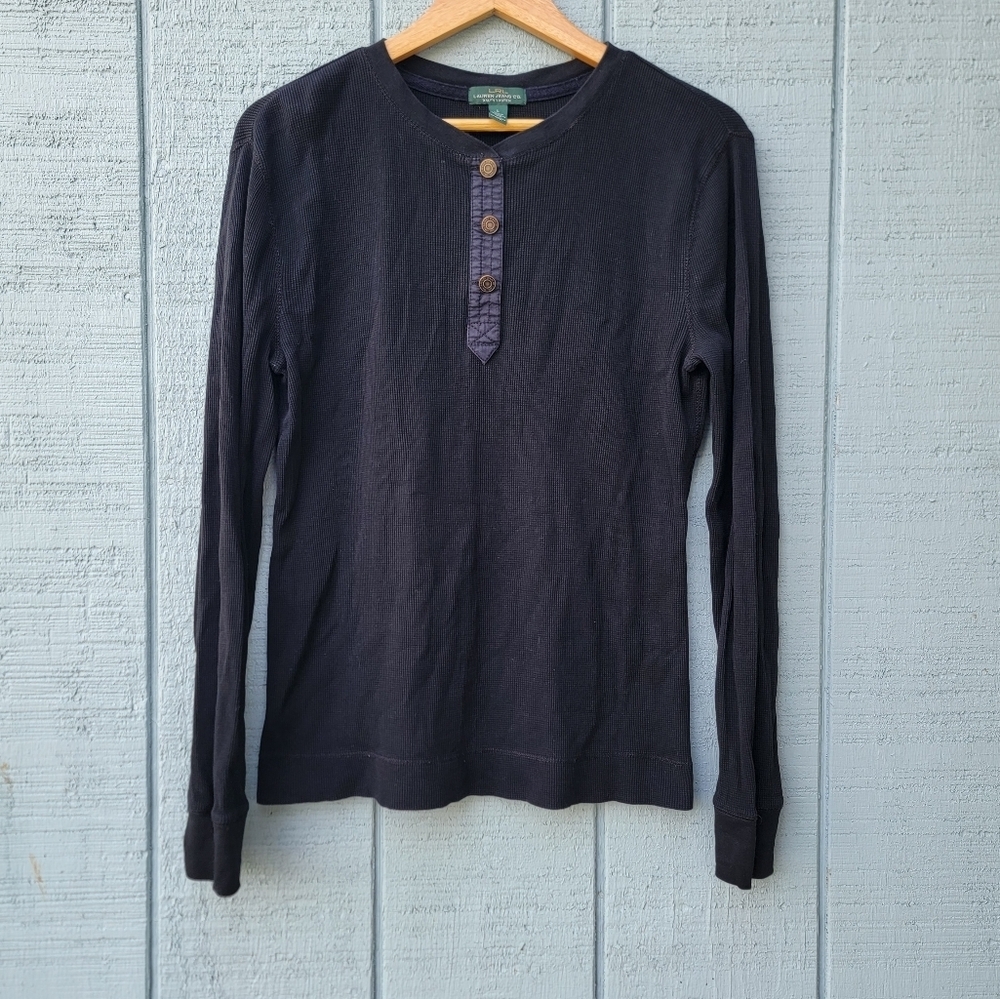 RL Lauren Jean Co Thermal Henley sz L 100% Cotton Black Equestrian Rugged